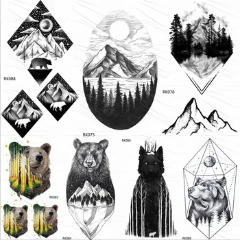 OMMGO Geometrik Dağ Orman Geçici Dövmeler Sticker Elmas Ayı Ay Özel Dövme Siyah Tepe Vücut Sanatı Kol Sahte Dövmeler