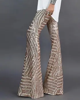Pantolon Kadın 2022 Moda 2022 Zarif Glitter Yüksek Bel Çan dipli Sequins Geniş Bacak Çalışma Ofisi Bayan Yüksek Bel pantolon Sonbahar