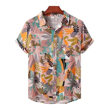 Parklees Erkek Palmiye Yaprağı Baskılı havai gömleği Marka Tropikal Aloha Kısa Kollu Gömlek Gevşek Rahat Tatil Parti Plaj Gömlek