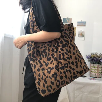 Retro Kadife Kadın Büyük Omuz Alışveriş Çantaları Vintage Bayanlar Ince Pamuklu Rahat Tote Leopar Desen Kız Çanta Yelek Çanta