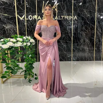 Sevintage Modern Yüksek Yan Bölünmüş Saten Mermaid Gelinlik Modelleri Boncuk Kristal Payetli Kapalı Omuz Dubai Örgün Akşam elbise