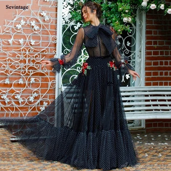Sevintage Siyah Noktalı Tül balo kıyafetleri Uzun Kollu Yüksek Boyun Romantik Abiye giyim Kırmızı Çiçekler Prenses Parti Elbise 2021