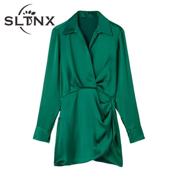 SLTNX 2022 Yaz Kadın Vintage Elbiseler Kadın Katı Uzun Kollu Turn-aşağı Yaka Kısa Elbise Bayanlar Zarif Şık Gevşek Elbise