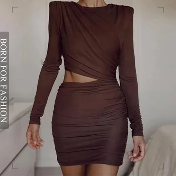 Sonbahar Kesme Mini Elbise Seksi Sıska Dantelli Omuz Pedleri Uzun Kollu Parti Gece Kulübü Elbise Kadın Kıyafetler Giysileri Vestidos2022