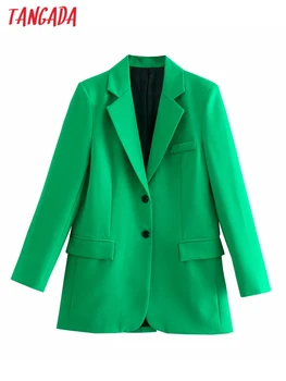 Tangada Kadınlar 2022 Moda Yeşil Blazer Ceket Vintage Uzun Kollu Kadın Giyim Chic Tops QD33