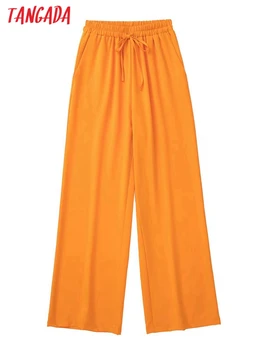 Tangada Kadınlar Turuncu Cepler Düz Saten Pantolon Vintage Yüksek Elastik Bel İpli Kadın Pantolon Mujer 3H478
