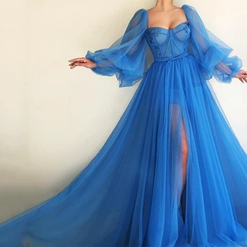 Uzun Kollu Sevgiliye Aplikler Şerit Mavi Açık Bacak Yarık Tül A-line balo kıyafetleri Örgün Akşam Elbise vestido formatura
