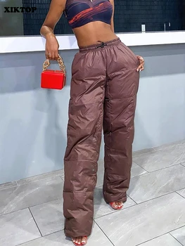 XIKTOP İpli pantolon Kadın Sonbahar 2022 Moda Cepler Hipster Pantolon Temel dökümlü pantolon Katı Casual Streetwear Y2K
