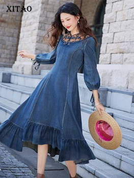 XITAO Nakış Elbise Moda Kazak İpli Küçük Taze Hem Pilili Patchwork 2022 Sonbahar Azınlık Elbise WLD13093