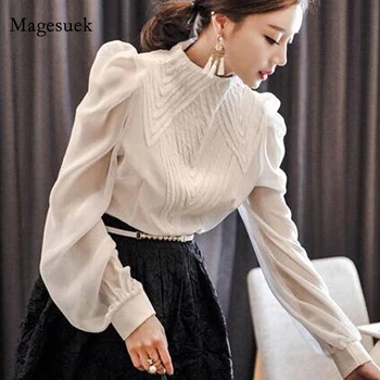 Yeni Sonbahar Kore Tarzı Şifon Gömlek Şık Zarif Çok katmanlı Pilili Standı Yaka Bluz Kadın Puf Kollu Güneş Koruyucu Üst 12945