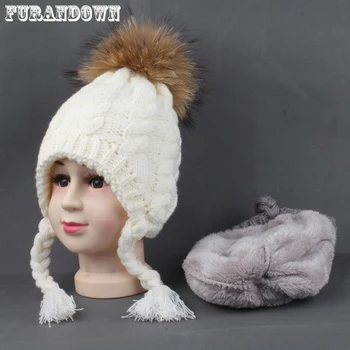Çocuklar Kış Şapka Kulakları İle Sıcak Polar İç At Kuyruğu Bere Kap Bebek Kız örgü şapkalar Çocuklar İçin Gerçek Kürk Ponpon Şapka